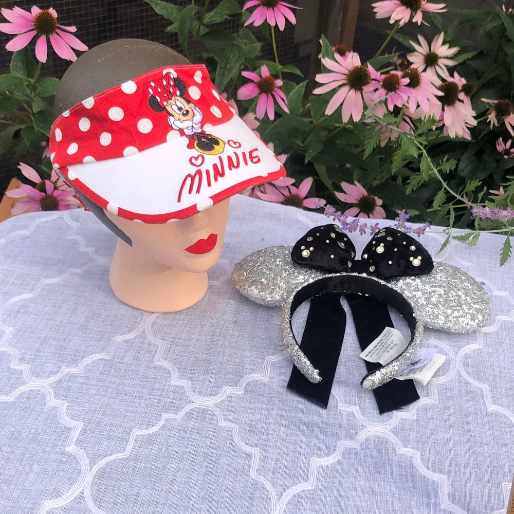 Walt Disney World, MINNIE MOUSE lot of 2 sparkle mouse ears & sun visor